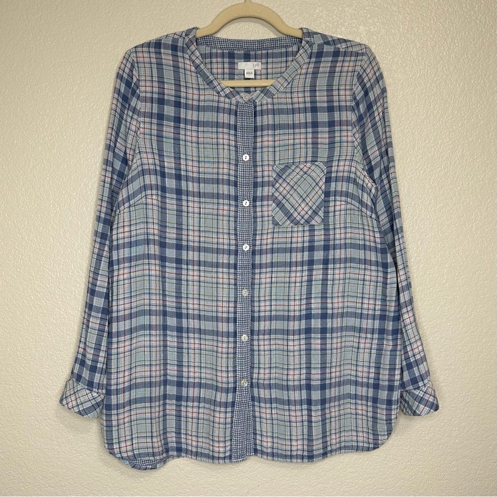 J. Jill Blue Plaid Button Front Soft Gauze Long Sleeves Top